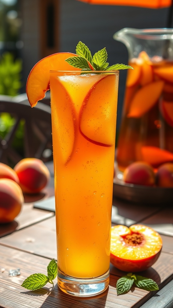 A refreshing glass of peach bourbon iced tea garnished with mint and peach slice, on a sunlit patio.